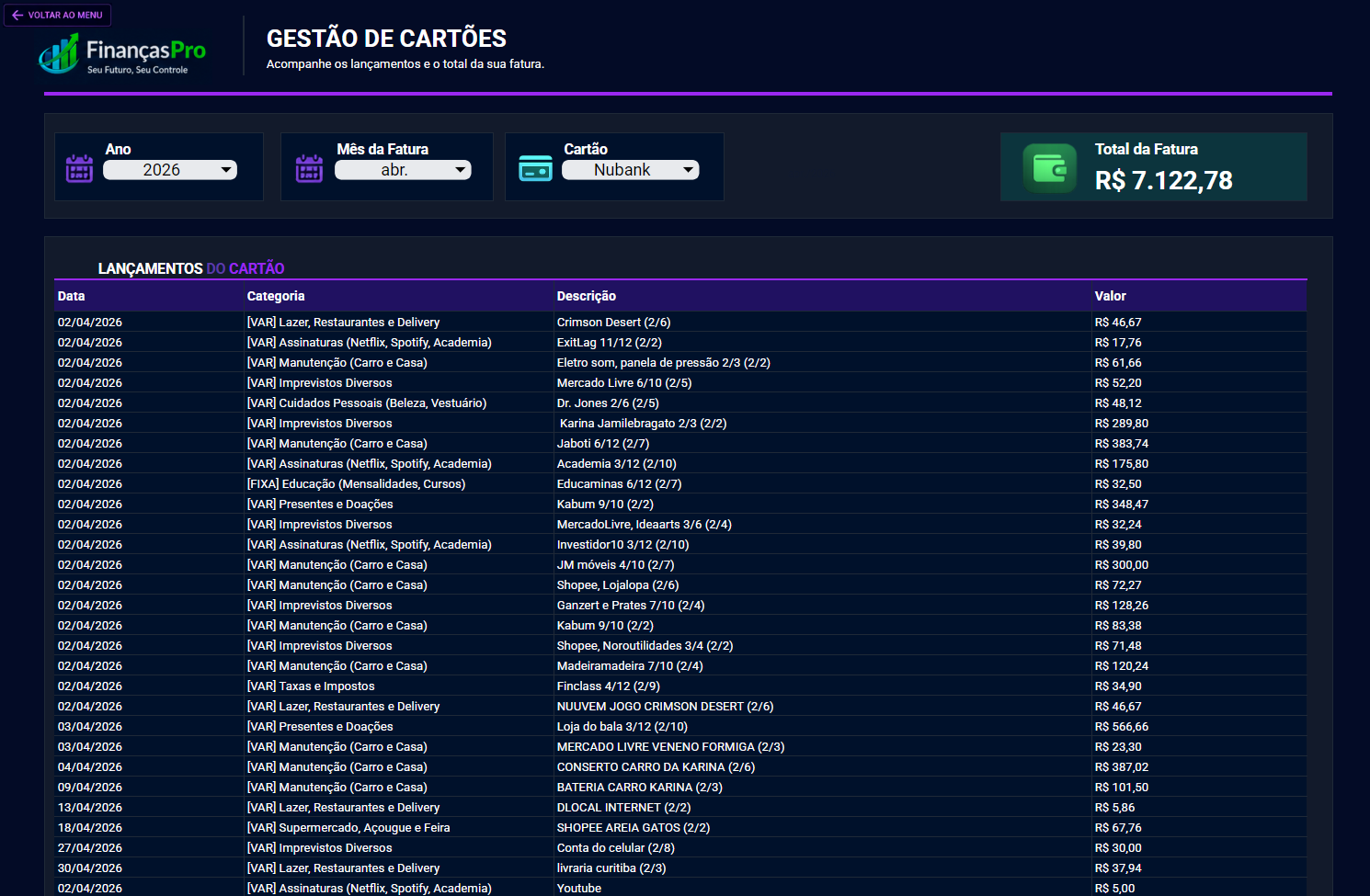 Controle de Cartões